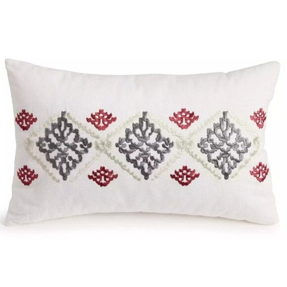 Cuddleduds Embroidered Decorative Pillow 12"x18" Ivory W/ Red & Gray  Design Sof - Picture 1 of 6